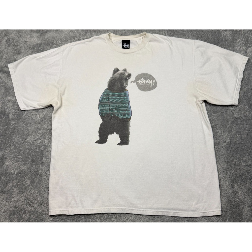 Stussy Bear Shirt Mens XL White Graphic Y2K Short Sleeve Crew Neck Skate Surf